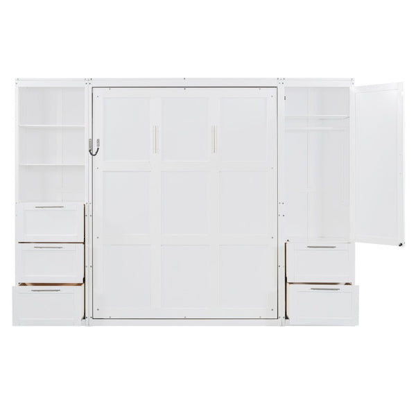 English Elm Queen Murphy Wall Bed with Wardrobe Drawers and Shelves for Studio or Guest Room White LP000865AAK-2