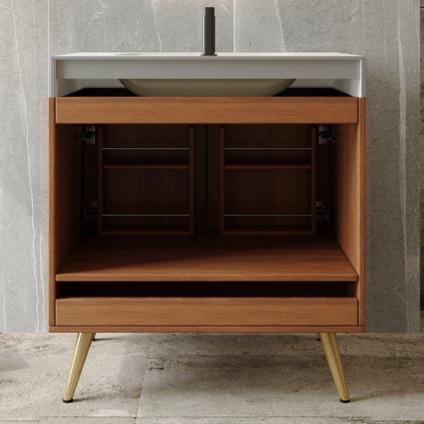 English Elm Mid-century Freestanding Bathroom Vanity with Marble Stone Top Gold Legs Storage W3136S00066