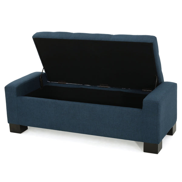 English Elm Christopher Knight Home® - GUERNSEY Ottoman Bench with Tufted Waffle Stitch Fabric, Hidden Storage & Birch Legs for Living Room Navy Blue 67220.00F