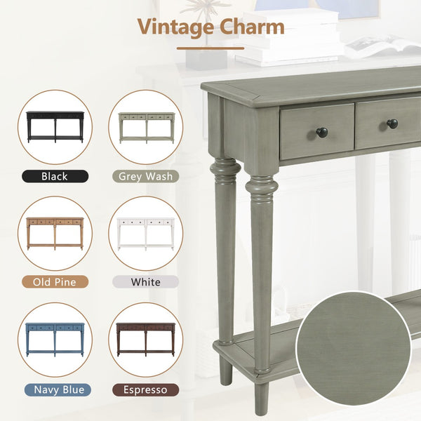 English Elm Trexm Vintage Console Table Four Drawers Pine Veneer Grey Wash Entryway Storage N715P202860E
