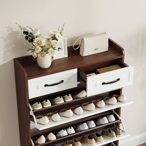 English Elm 1250 Walnut Shoe Cabinet with 3 Drop-Down Doors & 2 Drawers, Slim MDF Design, Dust-Free Storage W1320P235682