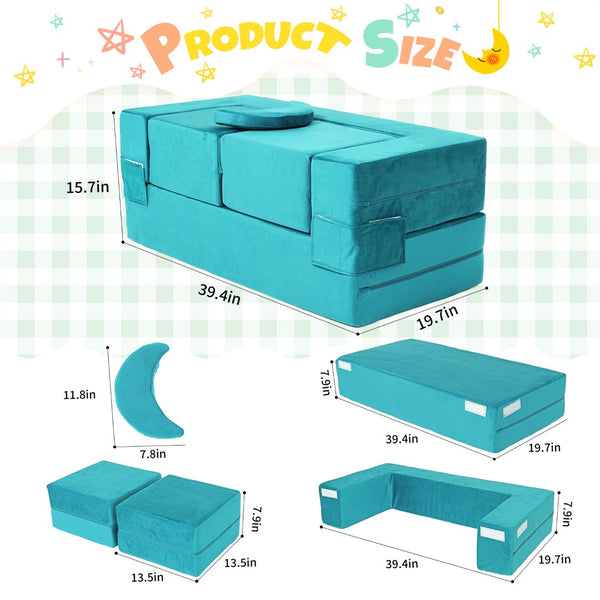 English Elm 5-piece Modular Foam Play Couch Velvet Toddler Sofa Foldable Kids Playroom Set Cyan T5880P493436
