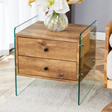 English Elm Double-Drawer Bedside Table. The Board Surface Is Mdf Sticker, and Both Sides Are Transparent Tempered Glass. The Design Is Simple and Elegant, With Excellent Storage Functions.