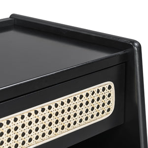 English Elm Black Rattan Panel Nightstand with Open Shelf Drawer Mdf Modern Bedroom Storage N770P374577B