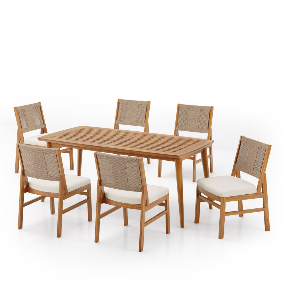 English Elm 7-piece Outdoor Dining Set Acacia Teak Finish Handwoven Wicker Chairs with Cushions N773OD00127B