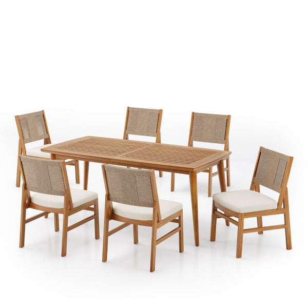 English Elm 7-piece Outdoor Dining Set Acacia Teak Finish Handwoven Wicker Chairs with Cushions N773OD00127B