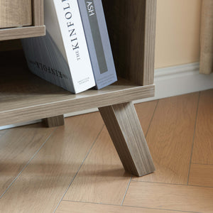 English Elm Compact mid-century display storage sideboard bookcase cabinet with two doors, four cubbies, raised wooden legs and metal knobs — versatile entryway organizer B107P320791