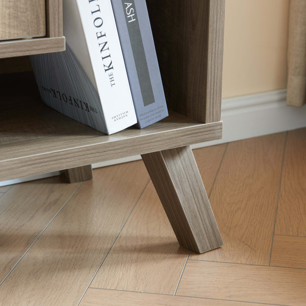 English Elm Compact mid-century display storage sideboard bookcase cabinet with two doors, four cubbies, raised wooden legs and metal knobs — versatile entryway organizer B107P320791