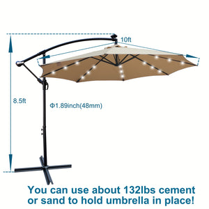 English Elm Tan 10 ft Solar Patio Umbrella with 24 LED Lights, Water & UV Resistant Canopy, Crank Lift, Base W65627949