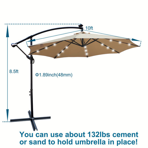 English Elm Tan 10 ft Solar Patio Umbrella with 24 LED Lights, Water & UV Resistant Canopy, Crank Lift, Base W65627949
