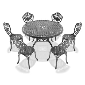 English Elm 7-Piece Durable All-Weather Cast Aluminum Dining Set With Black Frame For Stylish Outdoor Spaces W1710S00232