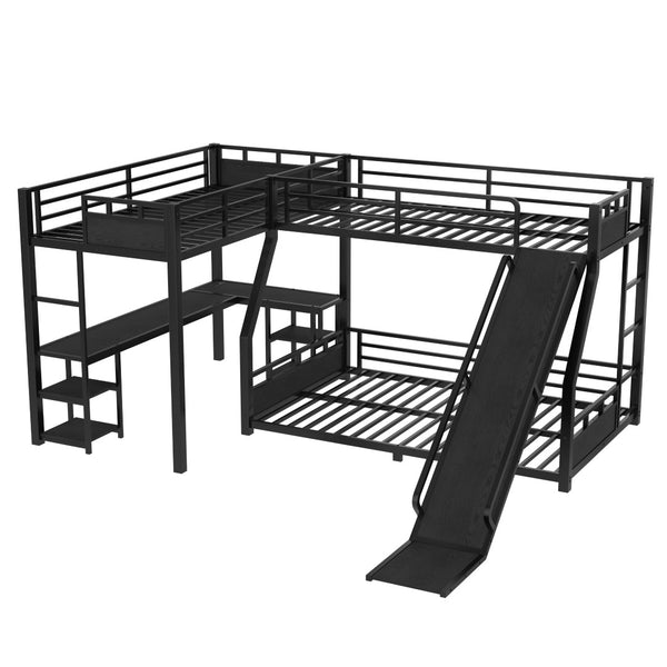 English Elm L-shaped Metal Triple Bunk Bed with Slide Desk and Storage for Shared Kids Rooms W1580S00568