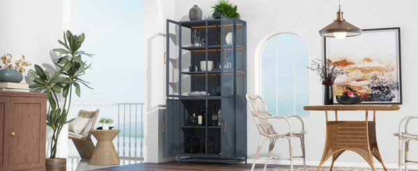 English Elm 76.75'' Steel Curio Cabinet with Led Lights Tempered Glass Doors Vintage Brass Handles SN845P282833C_R