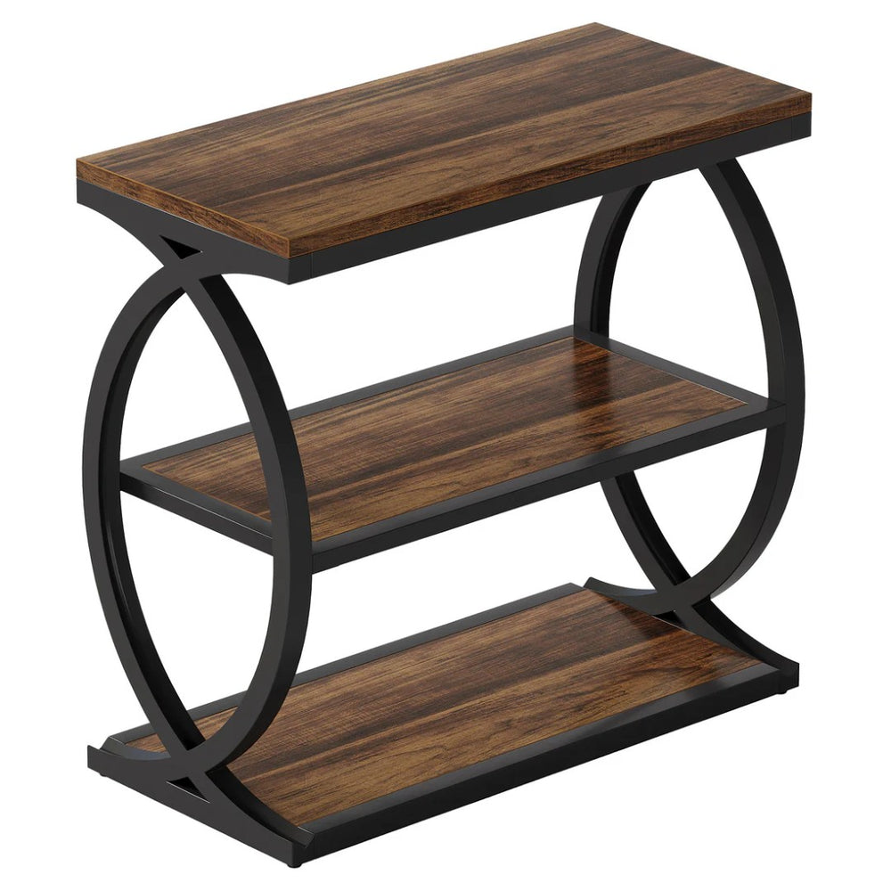 English Elm Bedside Three Tier Industrial End Table with Wood Grain Shelves and Black Metal Frame T3971P470461