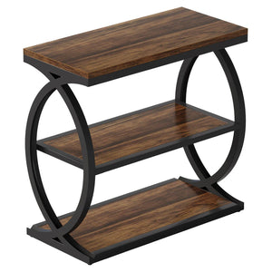 English Elm Bedside Three Tier Industrial End Table with Wood Grain Shelves and Black Metal Frame T3971P470461
