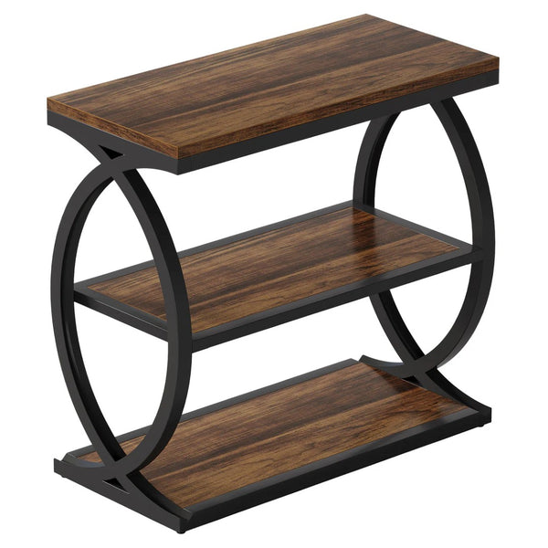 English Elm Bedside Three Tier Industrial End Table with Wood Grain Shelves and Black Metal Frame T3971P470461