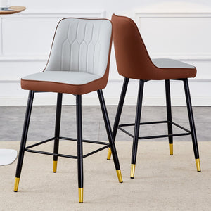 English Elm Modern Two-Tone Pu Bar Stool - Brown and Light Gray Spliced Chairs With Gold Decorated Legs.Brown and Light Gray Spliced,Black Metal Legs,Set Of 2 Chairs.