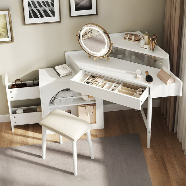 English Elm Corner Makeup Vanity Desk with 360° Rotating LED Mirror, Adjustable Brightness, L-Shaped Corner Design and Pull-Out Storage for Small Spaces White N844P263663A