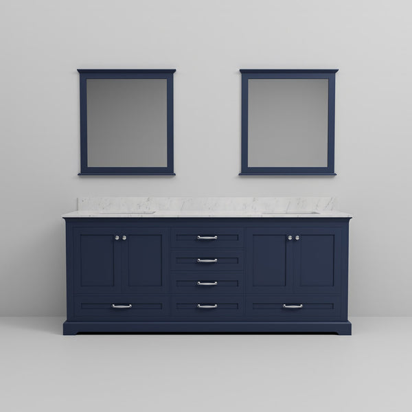 English Elm Navy Blue Double Bath Vanity 80" W With Carrara Marble Top & Mirrors, Elegant Storage Solution B2731S00818