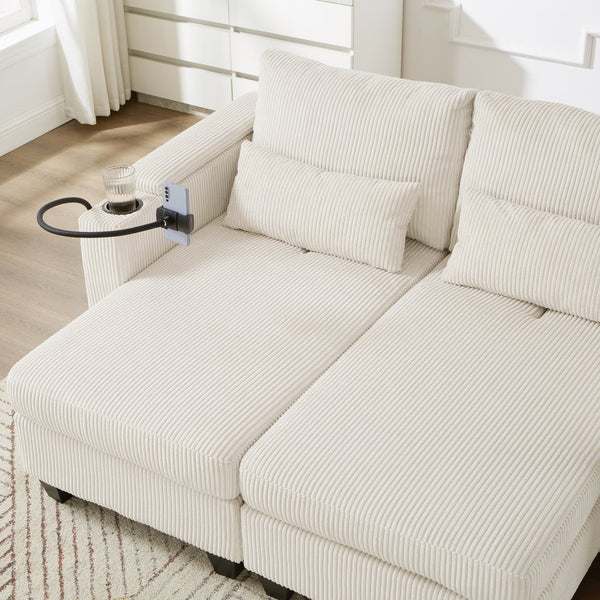 English Elm Convertible Chaise Lounge Sofa Bed With Usb Ports, Cup Holders & Storage – Modern Comfort In Beige N719S002020A