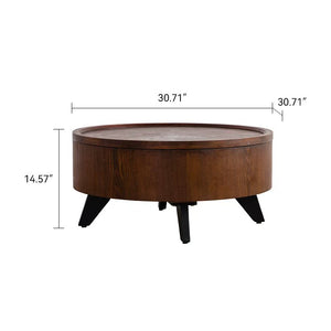English Elm Round Solid Wood Drum Coffee Table with Hidden Storage Removable Top, Modern Natural Veneer Elegance W3158P355676