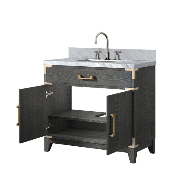 English Elm Black Oak Single-Sink Vanity 36" W With Carrara Marble Top & Chrome Faucet Set For Elegant Storage B2731P260918