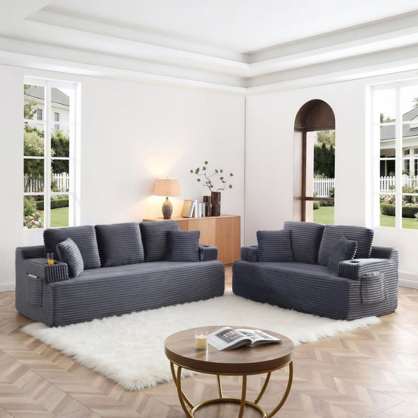 English Elm Boneless Floor Sofa Corduroy Upholstered 5 Seat Low Profile with Cup Holders for Living Room Grey W1117S00436