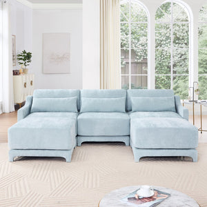English Elm Three-Seater Sofa With Movable Ottomans & Lumbar Pillow - Elegant Sky Blue Chenille Design For Comfort W714S01208-GIGA