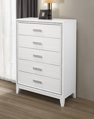 English Elm ALMERA Glam Transitional 5-Drawer Chest with Glitter Finish, Solid Wood & MDF Construction, Elegant Storage White 37.64 L x 18.58 W x 48.35 H B201P226183