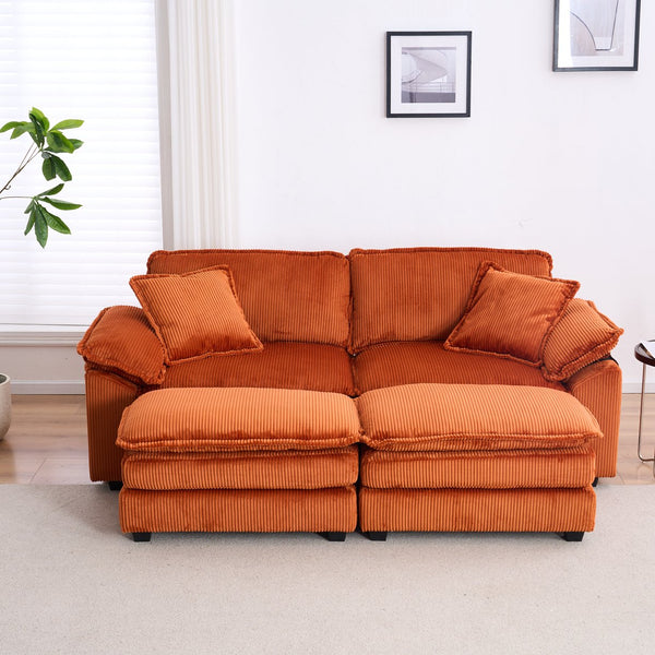 English Elm Corduroy Plush 2-Seat Sofa with 2 Back Cushions, Toss Pillows & Ottomans — Deep Seat Comfort Orange W2363S00066