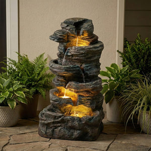 English Elm 6-tier Cascading Resin Stone Fountain with Warm Led Lights for Patio and Garden W853P412664