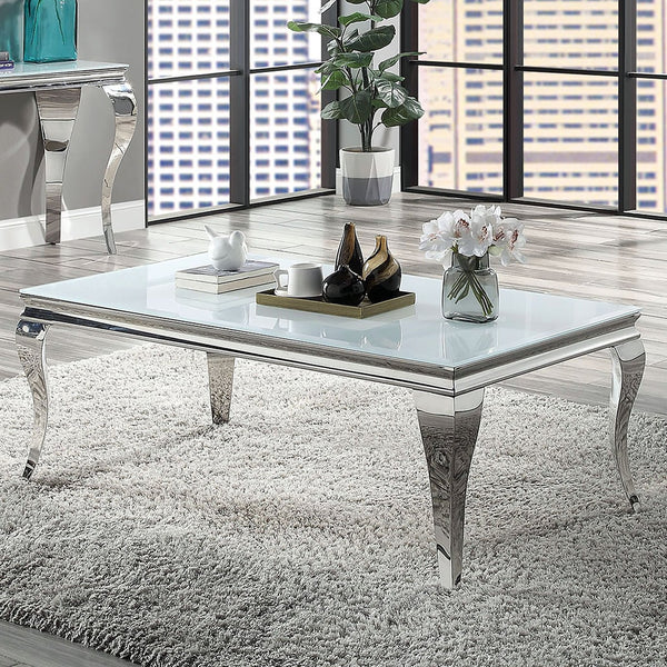 English Elm Glam Stainless Steel Coffee Table with Beveled Tempered Glass Top and Elegant Cabriole-Style Legs Silver,White 55 L x 30 W x 4 H B011S01176