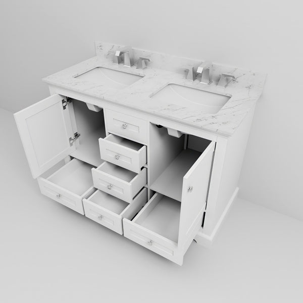 English Elm White Double Bath Vanity 48" W x 22" D with Carrara Marble Top, Faucet Set, Soft-Close Drawers & Storage B2731P258324