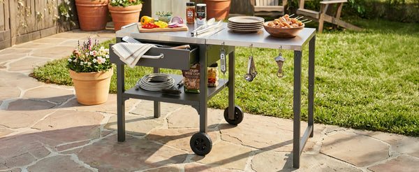 English Elm Outdoor Bbq Prep Cart Rolling Stainless Steel Grill Station with Foldable Work Surface Gray N719P407403E