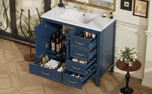 English Elm Christopher Knight Home® - 36" Vintage-inspired Bathroom Vanity with Ceramic Sink, Solid Wood Frame, Soft-Close Drawers, Spacious Storage Blue N759P293646C