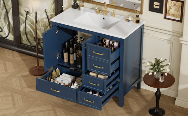 English Elm Christopher Knight Home® - 36" Vintage-inspired Bathroom Vanity with Ceramic Sink, Solid Wood Frame, Soft-Close Drawers, Spacious Storage Blue N759P293646C