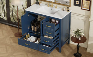 English Elm 36" Solid Pine Bathroom Vanity with Ceramic Sink 4 Soft Close Drawers Vintage Style Blue N759S293646C