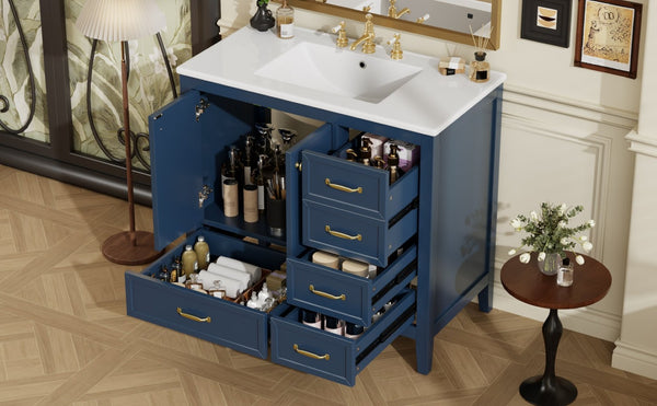 English Elm 36" Solid Pine Bathroom Vanity with Ceramic Sink 4 Soft Close Drawers Vintage Style Blue N759S293646C