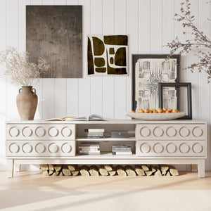 English Elm Modern Mid-Century Media Console with 4 Drawers and Concealed Cable Management, Stylish TV Stand Up to 75" White W757P305595