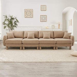 English Elm Boucle 4-Seater Sofa With Shell Armrests & Cylindrical Legs, Coffee Color - Plush Comfort & Style W3041S00287