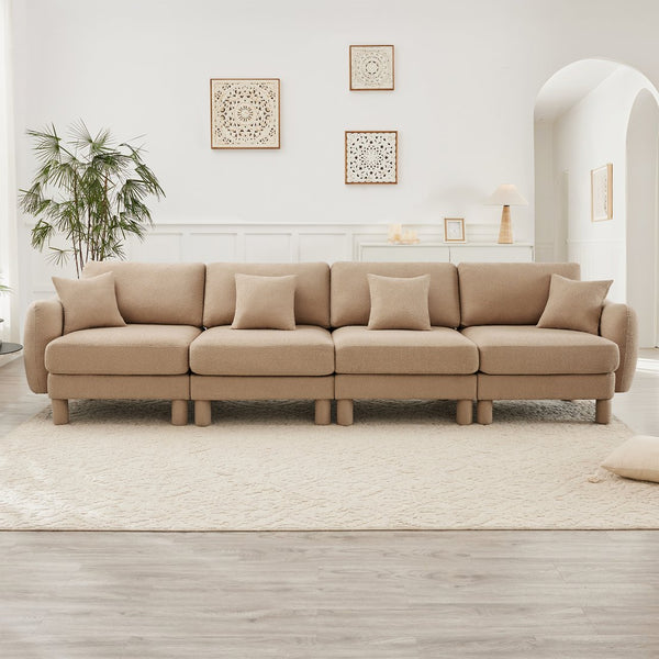 English Elm Boucle 4-Seater Sofa With Shell Armrests & Cylindrical Legs, Coffee Color - Plush Comfort & Style W3041S00287