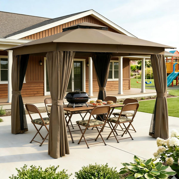 English Elm Canopy Outdoor Gazebo Steel Frame Double Tier Polyester Roof with Mesh Curtain Panels Dark Gray,Khaki+Black T3971P459114