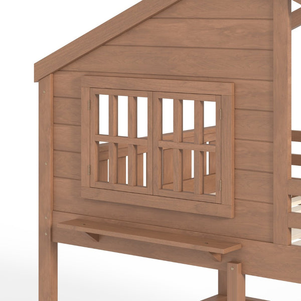 English Elm Full Bunk Bed with Trundle Bookshelf Storage Pine Frame Car Design for Kids Natural W1580S00522
