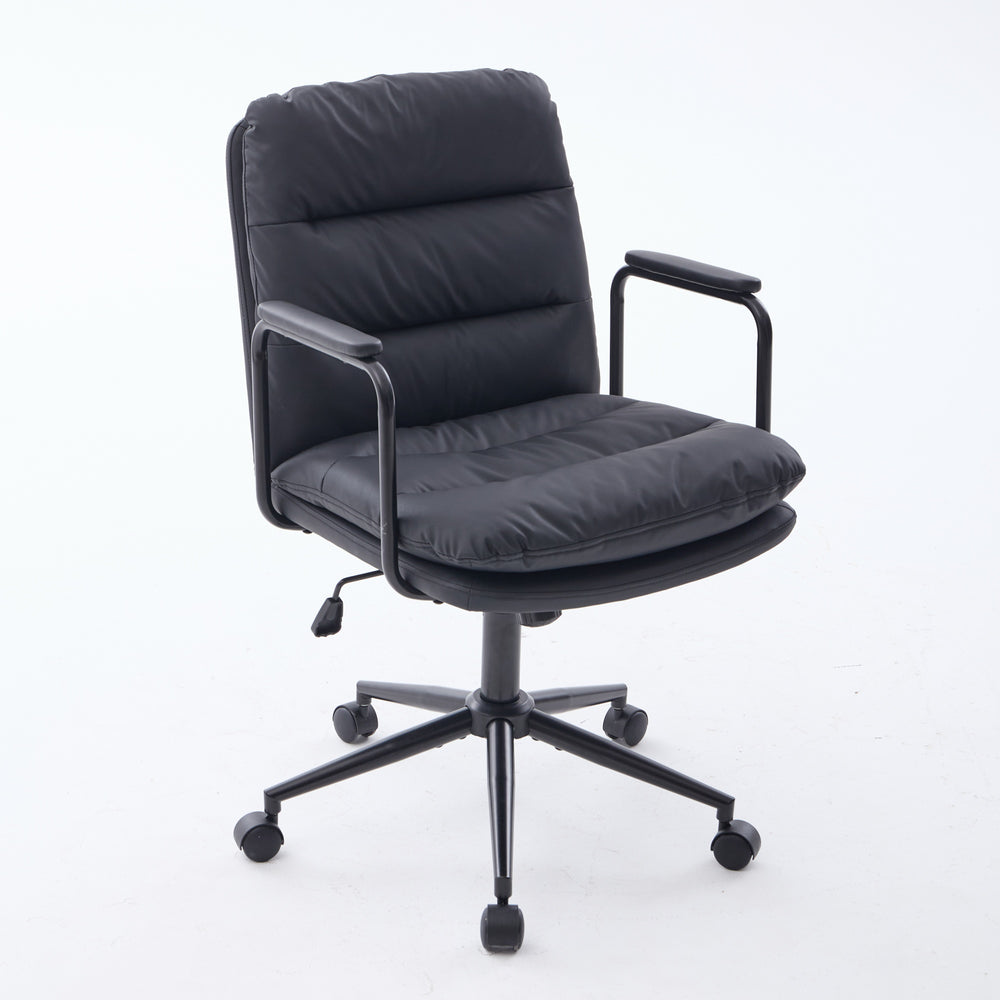 English Elm Office Ergonomic Mid-Back Chair with Double Sponge Cushions, Reclining 40° Base, Padded Arms and Wheels Black W1143P373974