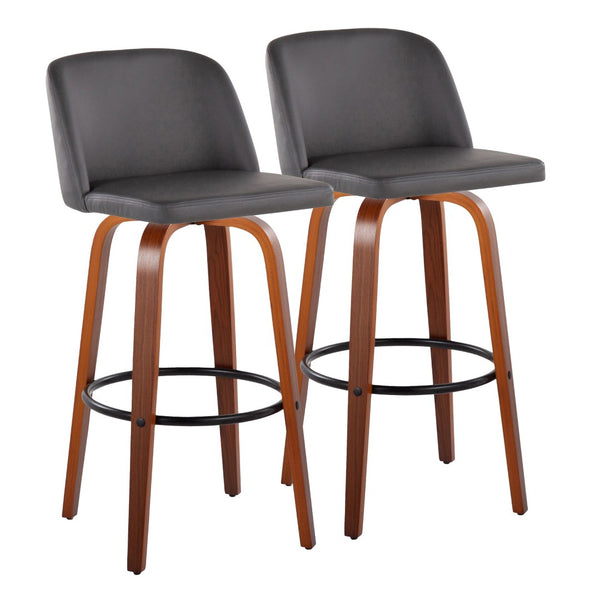 English Elm Toriano 30" Mid-Century Modern Swivel Barstool Set Of 2 In Walnut Wood & Grey Faux Leather Comfort B202S00698-GIGA