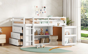 English Elm Twin Loft Bed With Storage Cabinets, Pull-Out Desk & Safety Guardrail - Modern Rubberwood Design W504S00202-GIGA