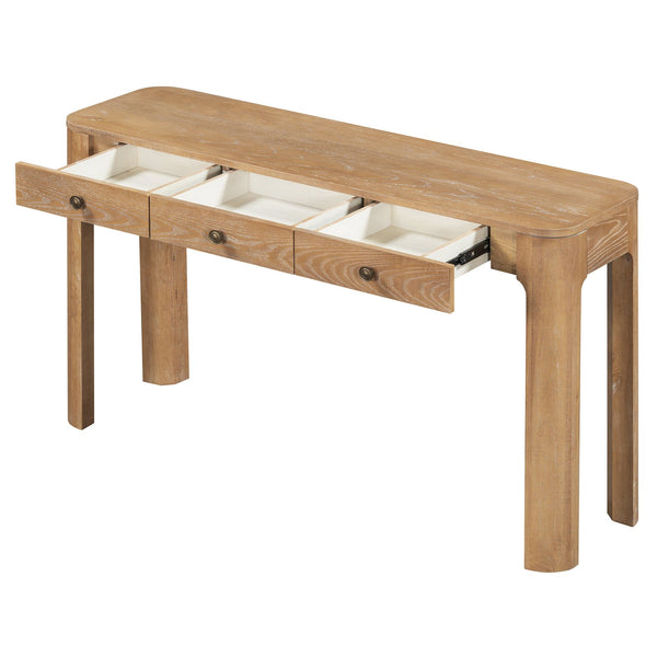 English Elm TREXM Rustic Console Table with Rounded Corners, 3 Concealed Drawers, Sturdy Thick Legs for Hallway Natural N715P361525N
