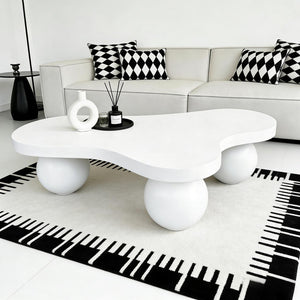English Elm 46 Inch Cloud Shaped Coffee Table with Ash Veneer Top and Sculptural Sphere Legs White W3935S00007