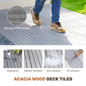 English Elm 30 Interlocking Deck Tiles 12" Square Acacia Hardwood Striped Outdoor Flooring Waterproof DIY Light Gray W2391P276695