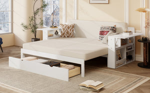 English Elm Queen Daybed with Hydraulic Desk Storage Drawers and Convertible Sofa for Small Spaces White LT000272AAK